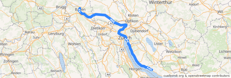 Mapa del recorrido S6: Uetikon am See –> Baden de la línea  en 蘇黎世州.