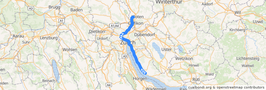 Mapa del recorrido S16: Herrliberg-Feldmeilen –> Zürich Flughafen de la línea  en Zúrich.