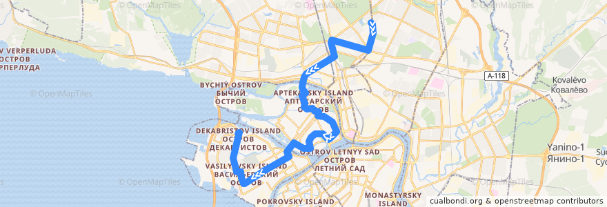 Mapa del recorrido Трамвай № 40: Тихорецкий проспект => Детская улица de la línea  en サンクト ペテルブルク.