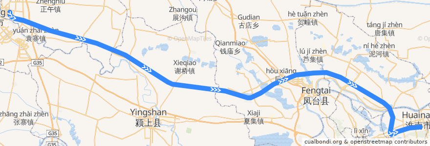 Mapa del recorrido 阜淮铁路 de la línea  en Anhui.