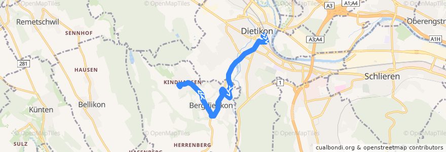 Mapa del recorrido Bus 305: Dietikon, Bahnhof → Kindhausen AG de la línea  en Schweiz.