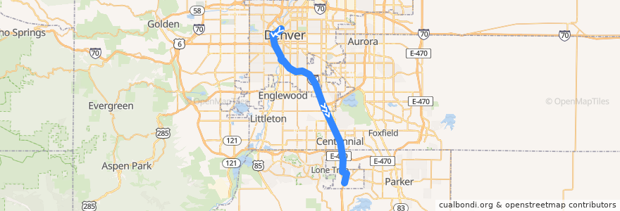 Mapa del recorrido RTD F Line → RidgeGate Parkway de la línea  en كولورادو.