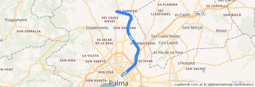Mapa del recorrido Metro M1: Plaça d'Espanya → UIB de la línea  en 帕爾馬.