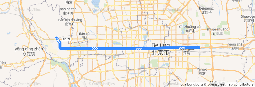 Mapa del recorrido Subway 1: 苹果园 => 四惠东 de la línea  en Beijing.