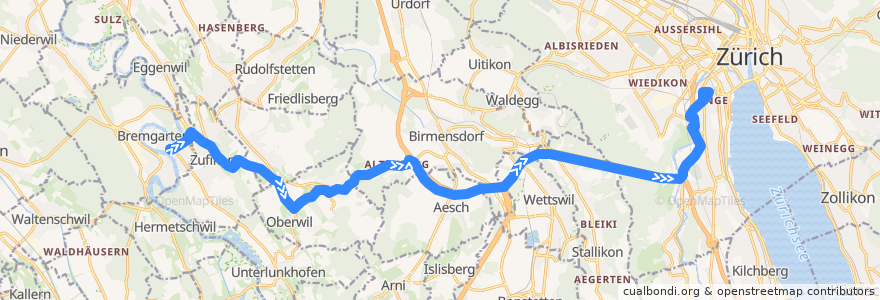 Mapa del recorrido Bus 444: Bremgarten AG, Obertorplatz → Zürich, Bahnhof Enge/Bederstrasse de la línea  en Schweiz/Suisse/Svizzera/Svizra.