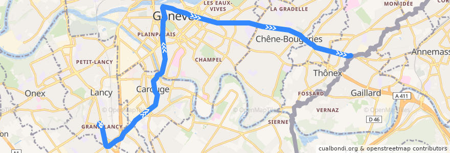 Mapa del recorrido Tram 12: Palettes → Moillesulaz de la línea  en Geneva.