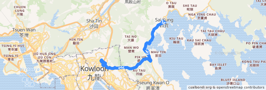 Mapa del recorrido 九巴92線 KMB 92 (西貢 Sai Kung → 鑽石山鐵路站 Diamond Hill Railway Station) de la línea  en 香港 Hong Kong.