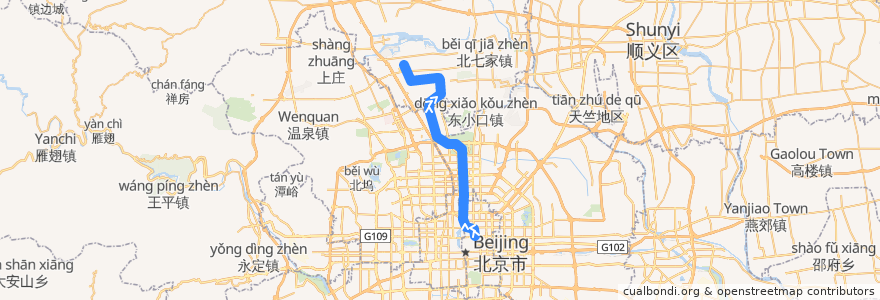 Mapa del recorrido Subway 8: 南锣鼓巷 => 朱辛庄 de la línea  en Beijing.