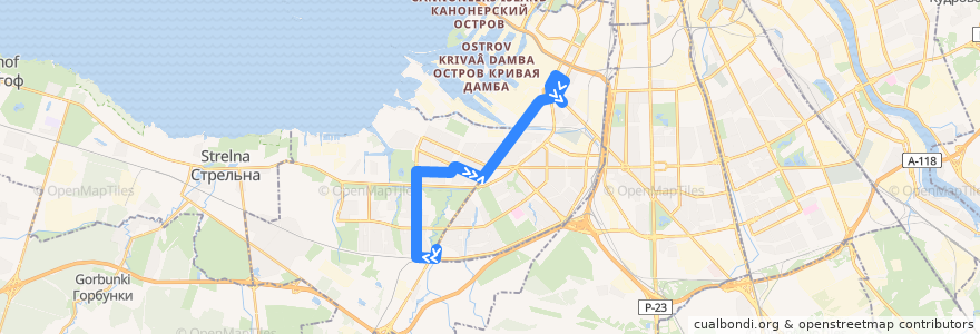 Mapa del recorrido Автобус № 111: ж/д станция «Лигово» => улица Зайцева de la línea  en Sankt Petersburg.