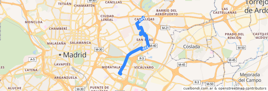 Mapa del recorrido Bus 140: Canillejas → Pavones de la línea  en Madrid.