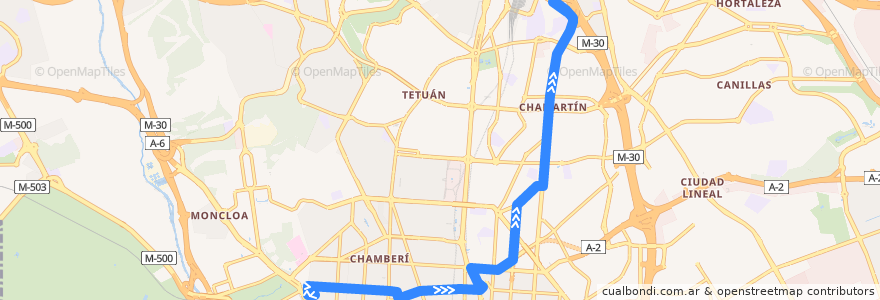 Mapa del recorrido Bus 16: Moncloa → Pio XII de la línea  en Madrid.
