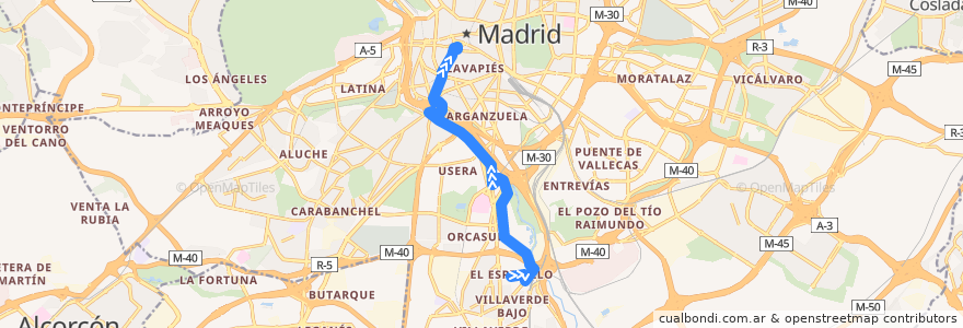 Mapa del recorrido Bus 23: El Espinillo → Plaza Mayor de la línea  en Madrid.