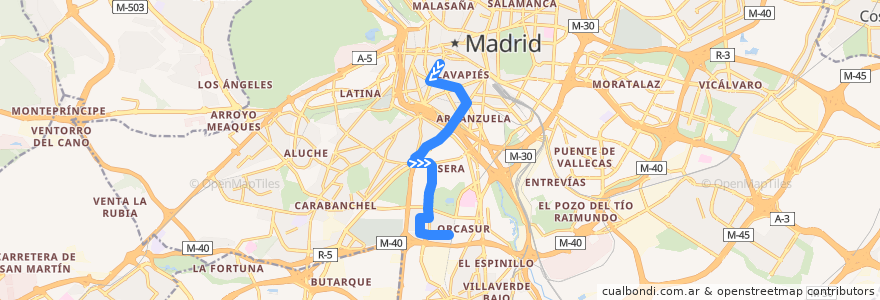 Mapa del recorrido Bus 60: Plaza Cebada → Orcasitas de la línea  en Madrid.