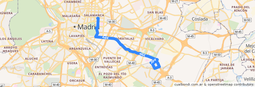 Mapa del recorrido Bus 63: Santa Eugenia → Felipe II de la línea  en Madrid.