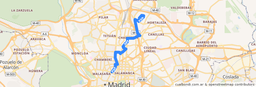 Mapa del recorrido Bus 7: Alonso Martínez → Manoteras de la línea  en Madrid.