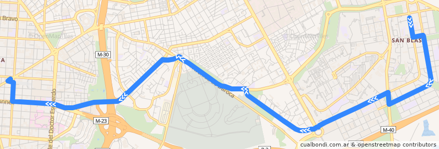 Mapa del recorrido Bus E2: Las Rosas → Felipe II de la línea  en Madrid.