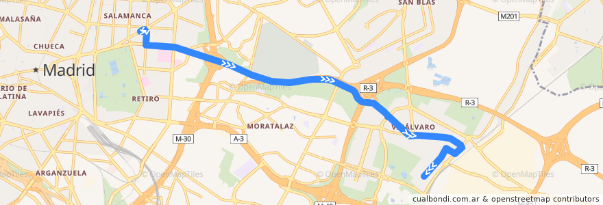 Mapa del recorrido Bus E3: Avenida Felipe II → Valderribas de la línea  en Мадрид.