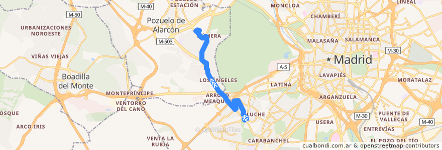 Mapa del recorrido Bus H: Aluche → Somosaguas de la línea  en Comunidad de Madrid.