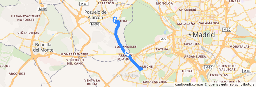 Mapa del recorrido Bus H: Somosaguas → Aluche de la línea  en Community of Madrid.