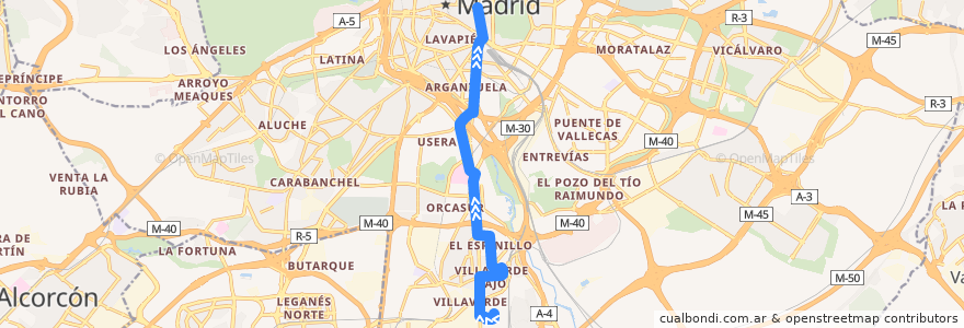 Mapa del recorrido Bus N13: San Cristobal → Cibeles de la línea  en Madrid.
