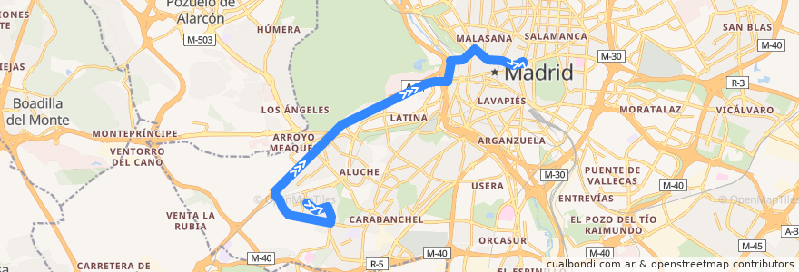 Mapa del recorrido Bus N19: San Ignacio → Cibeles de la línea  en Madrid.