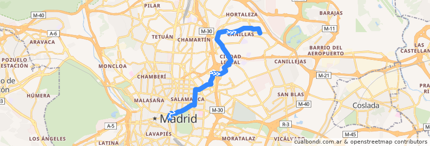Mapa del recorrido Bus N3: Cibeles → Canillas de la línea  en Madrid.