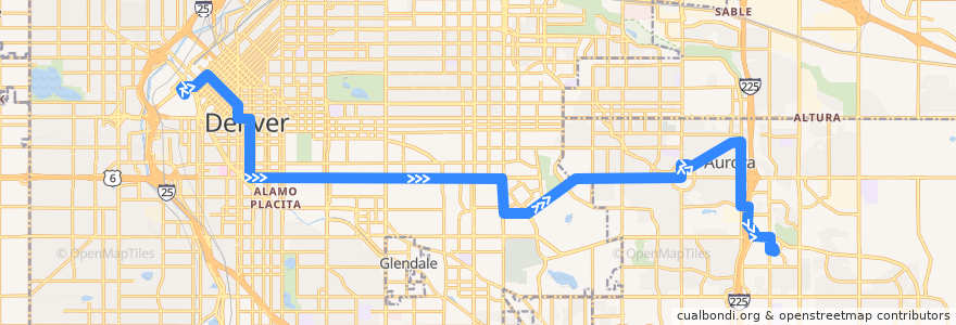 Mapa del recorrido Bus 6: East 6th Avenue → Aurora Metro Center Station de la línea  en 콜로라도.