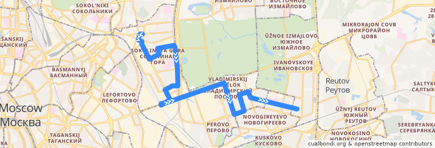 Mapa del recorrido Автобус 141: Метро "Семёновская" => Улица Молостовых de la línea  en Östlicher Verwaltungsbezirk.