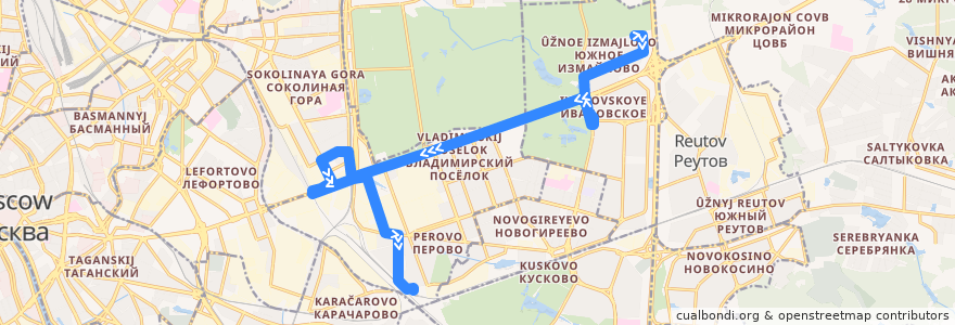 Mapa del recorrido Автобус 214: Южное Измайлово => Станция Перово de la línea  en Eastern Administrative Okrug.