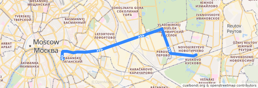 Mapa del recorrido Автобус Т53: Метро «Таганская» => Платформа Новогиреево de la línea  en 莫斯科.