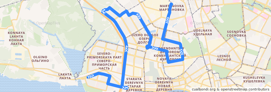 Mapa del recorrido Автобус № 170: Лахтинский разлив => Репищева улица de la línea  en Приморский район.