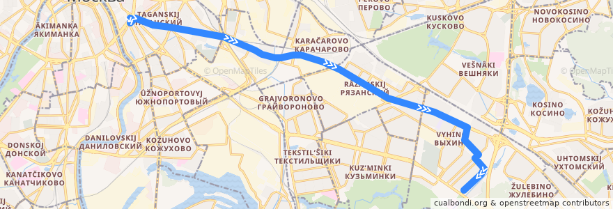 Mapa del recorrido Автобус т63: Метро «Таганская» => 138-й квартал Выхина de la línea  en Südöstlicher Verwaltungsbezirk.