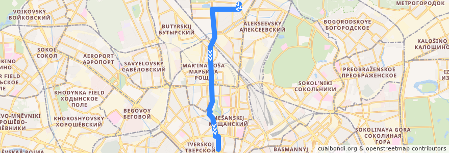 Mapa del recorrido Автобус т13: ВДНХ (южная) => Трубная площадь de la línea  en Moscú.