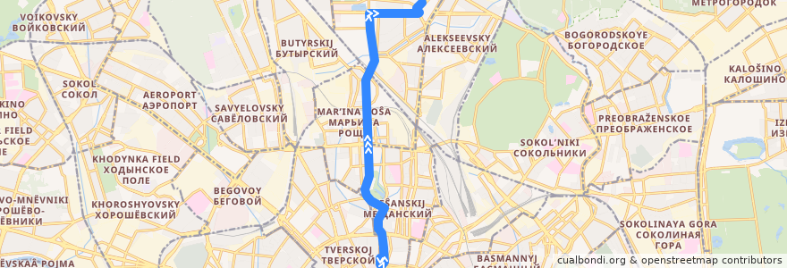 Mapa del recorrido Автобус т13: Трубная площадь => ВДНХ (южная) de la línea  en Moscú.