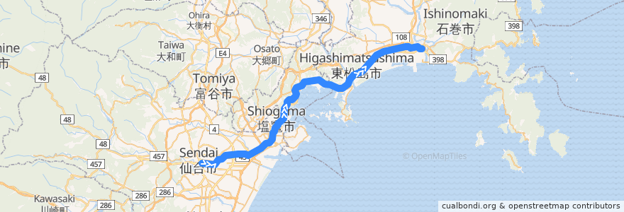 Mapa del recorrido JR仙石線 de la línea  en 미야기현.