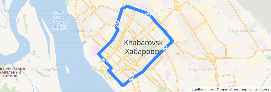 Mapa del recorrido Автобус 1Л: Железнодорожный вокзал - Площадь Славы - Окружной универмаг - Железнодорожный вокзал de la línea  en Khabarovsk.