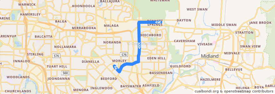 Mapa del recorrido 345T Bennett Springs → Morley Bus Station de la línea  en 西澳大利亚州.