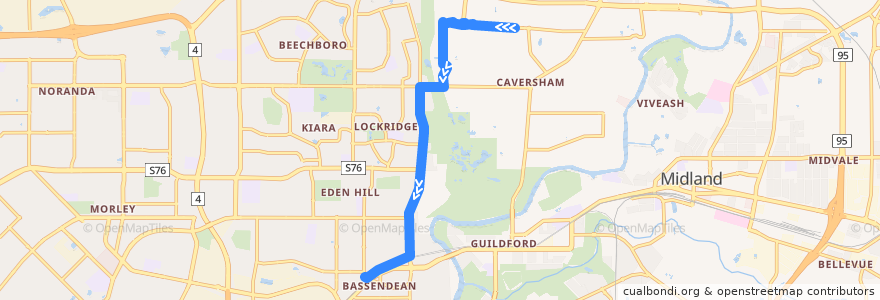 Mapa del recorrido 340T Caversham → Bassendean Station de la línea  en Australie occidentale.