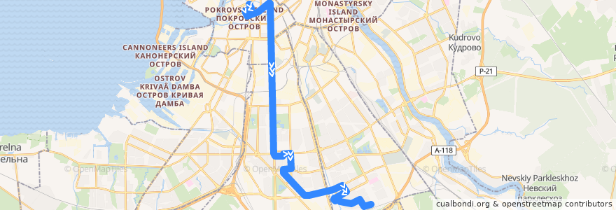 Mapa del recorrido Автобус № 50: Театральная площадь => Малая Балканская улица de la línea  en São Petersburgo.