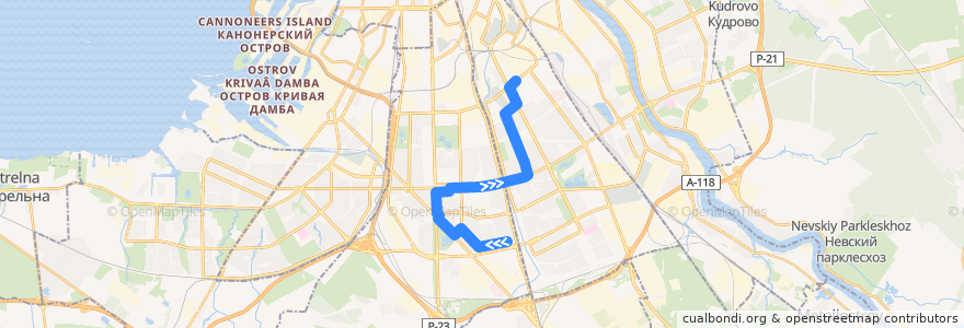 Mapa del recorrido Автобус № 59: Звёздная улица => станция метро «Бухарестская» de la línea  en Санкт-Петербург.