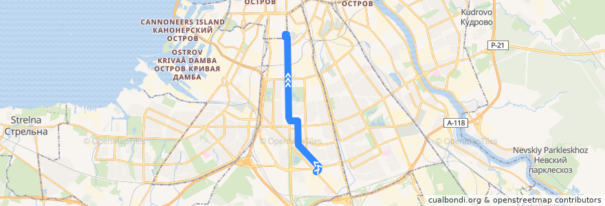 Mapa del recorrido Трамвай № 29: Мясокомбинат => Трамвайный парк № 1 de la línea  en Московский район.