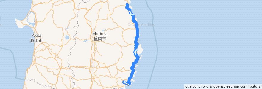 Mapa del recorrido 三陸鉄道リアス線 盛 => 久慈 de la línea  en Иватэ.