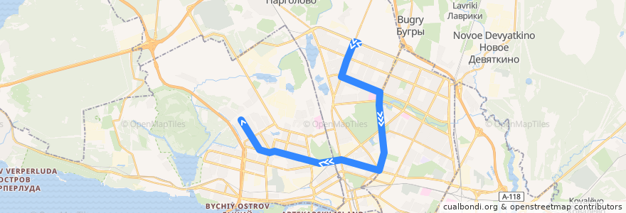 Mapa del recorrido Трамвай № 55: Придорожная аллея => улица Шаврова de la línea  en San Petersburgo.