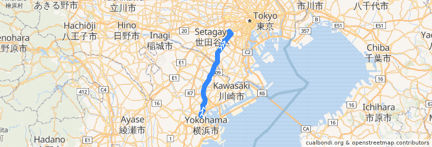 Mapa del recorrido 列車 東急東横線: 横浜 => 渋谷 de la línea  en 日本.