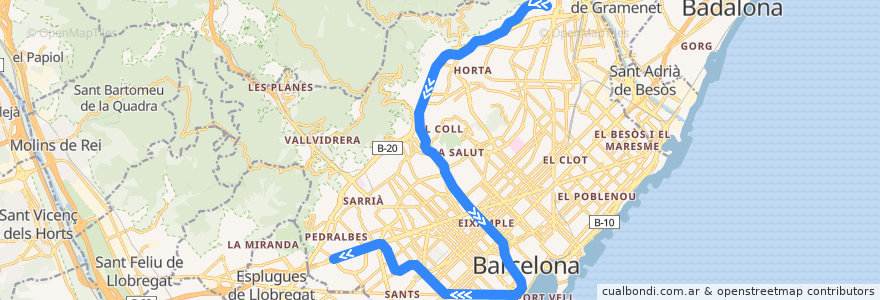 Mapa del recorrido L3: Zona Universitària => Trinitat Nova de la línea  en Barcelona.