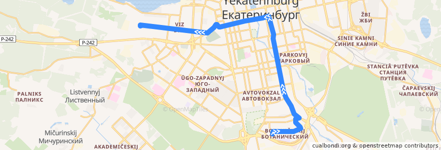 Mapa del recorrido Автобус 2. Ботаническая – Радиотехникум de la línea  en エカテリンブルク管区.