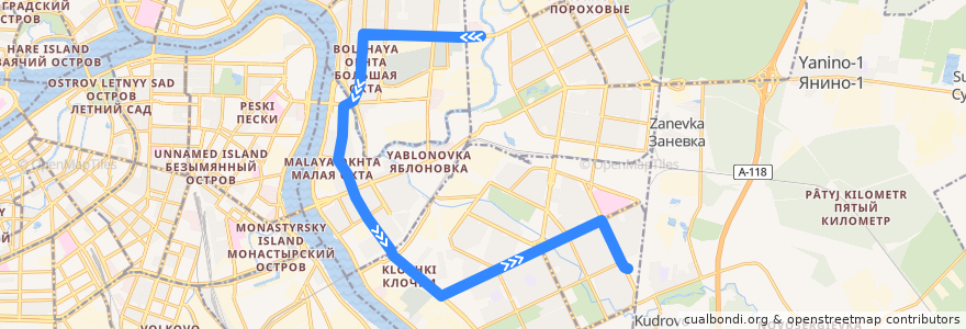 Mapa del recorrido Трамвай № 10: Бокситогорская улица => проспект Солидарности de la línea  en Санкт-Петербург.