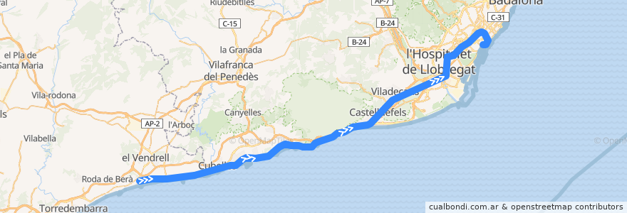 Mapa del recorrido R2Sud: Sant Vicenç de Calders - Barcelona-Estació de França via Vilanova i la Geltrú de la línea  en Espagne.