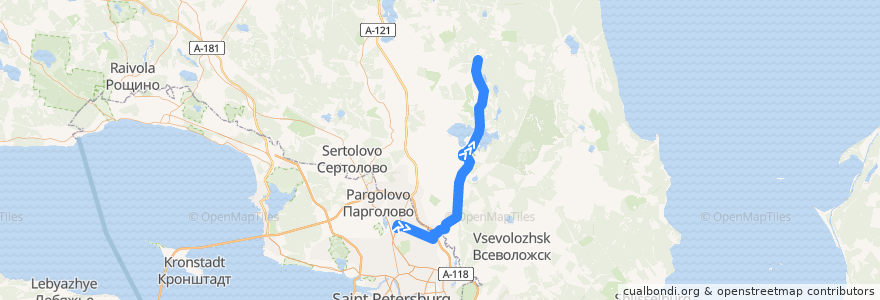 Mapa del recorrido Автобус № 205: станция метро "Проспект Просвещения" => Лехтуси de la línea  en Ленинградская область.