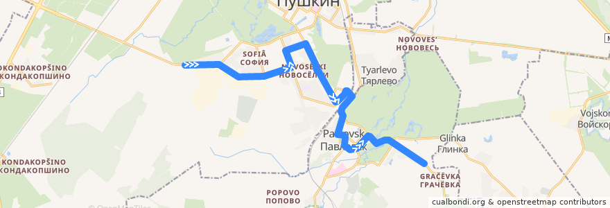 Mapa del recorrido Автобус № 372: Пушкин, Красносельское шоссе => Павловск, Звериницкая улица de la línea  en Пушкинский район.